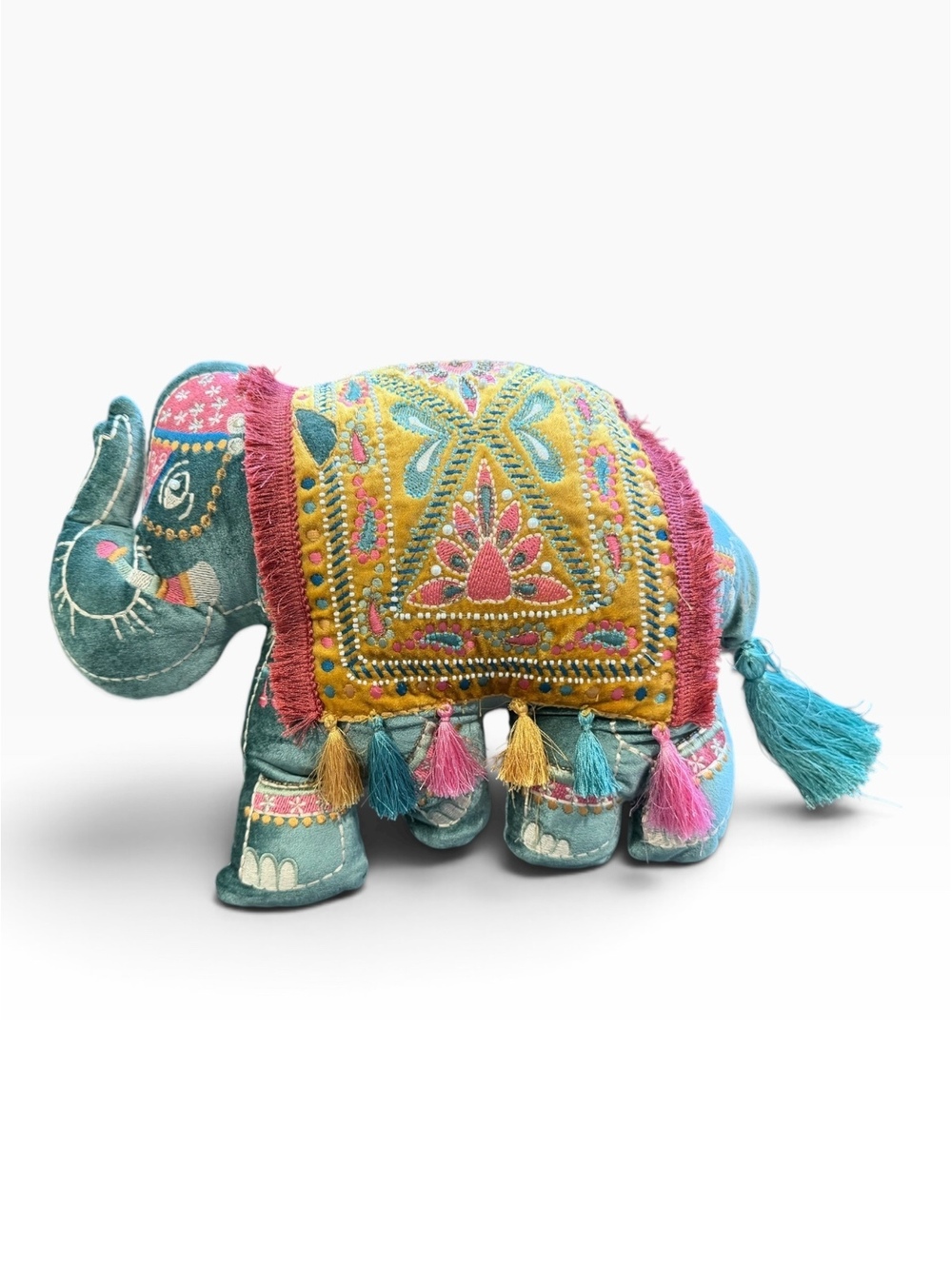 Handcrafted Decorative Elephant Plush with Colorful Embroidery and Tassels